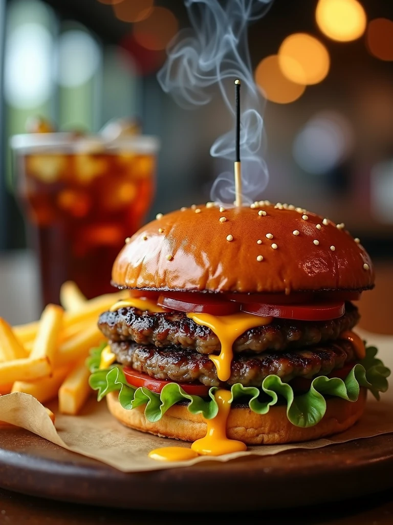 close up on the burger with smoke accompanied by french fries on top of the fries cheddar cheese melted and accompanied by soda on top of the table , Blurred background scenario of a restaurant