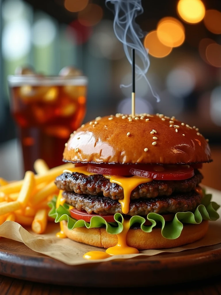 close up on the burger with smoke accompanied by french fries on top of the fries cheddar cheese melted and accompanied by soda on top of the table , Blurred background scenario of a restaurant