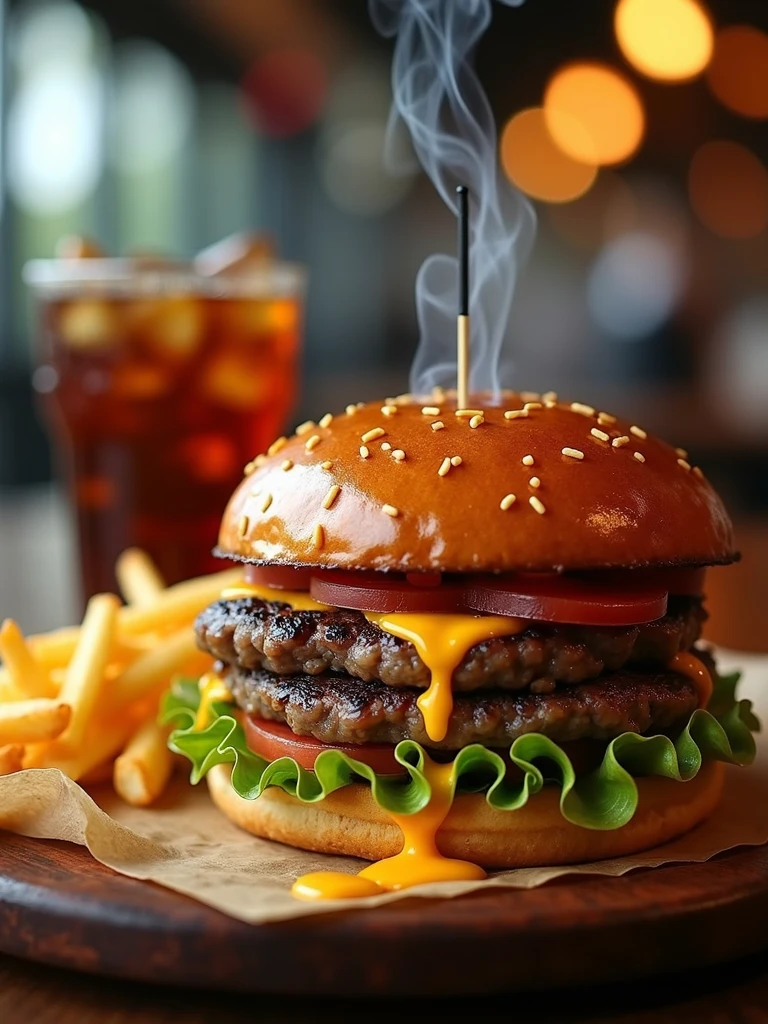 close up on the burger with smoke accompanied by french fries on top of the fries cheddar cheese melted and accompanied by soda on top of the table , Blurred background scenario of a restaurant