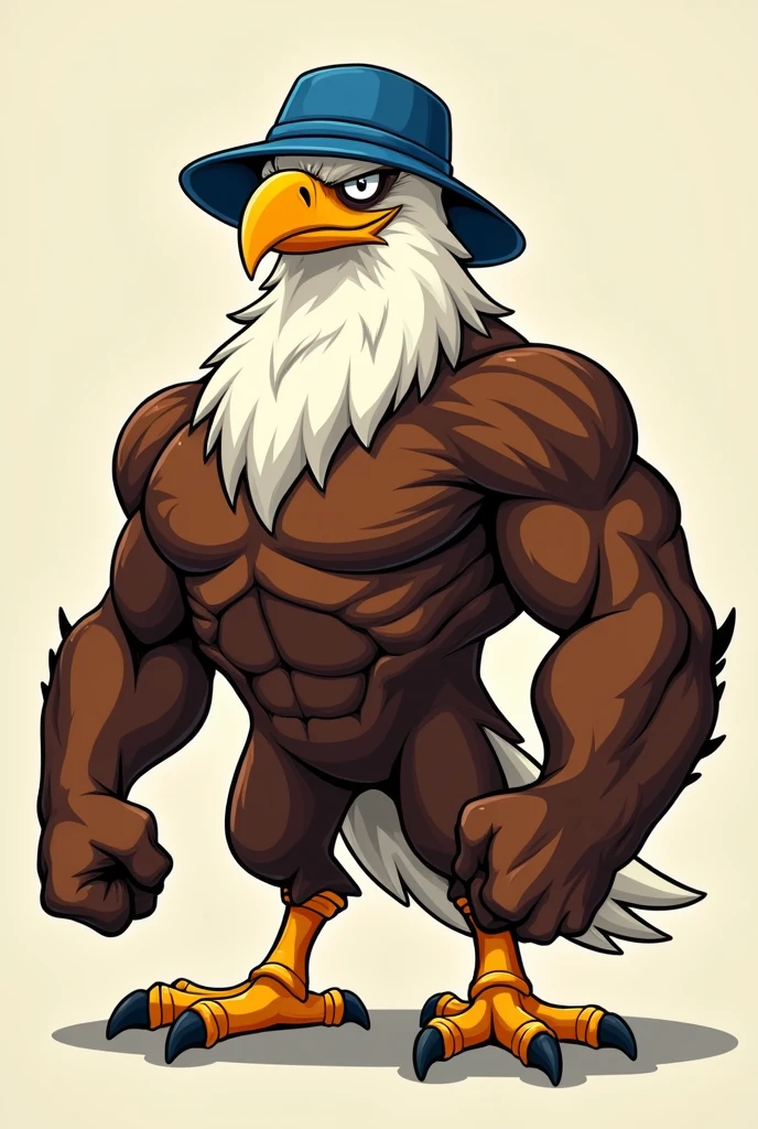 A cartoon-style muscular eagle wearing a blue bucket hat

 