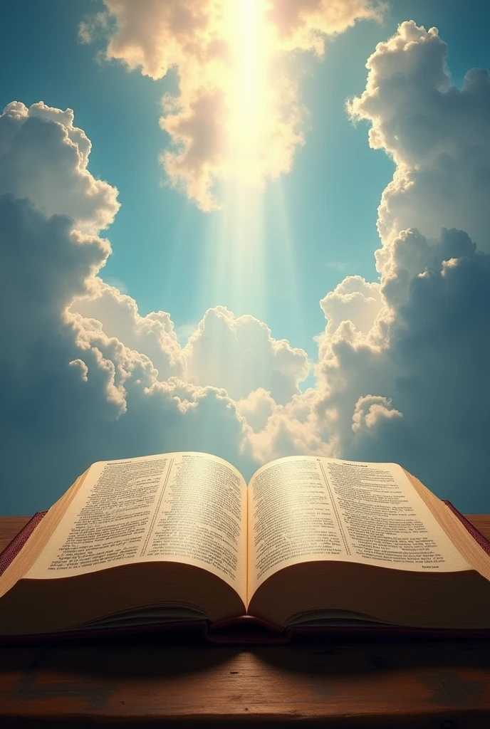 Realistic image of a large bible open to Hebrews 4:12 with a heavenly landscape in the background, with an aspect ratio of 9:16 