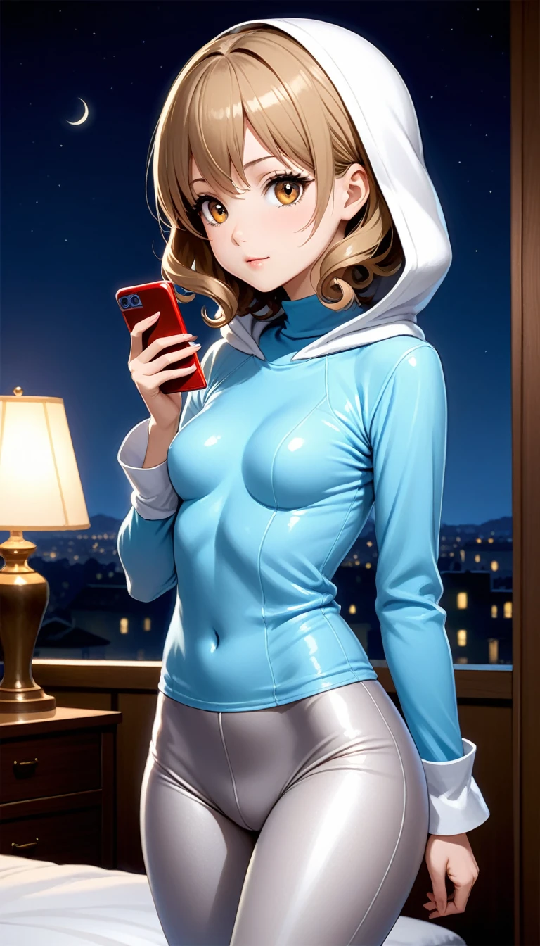 Beautiful 47y young woman with short undercut curly dark blonde hair, tied up hair, with brown eyes wearing ((Tight Silver Low-Rise Leggings), ((Sexy Mock Neck Mid Sleeves Light Blue Shirt With Hood Down)), standing in her bedroom at night, holding her cellphone, (mid-tanned skin), (light brown lipstick), (elegant mascara), (slim body), (small breasts), (wide hips), midjourney, <lora:GoodHands-, <lora:GoodLegs-, UHD, high resolution, (expressive eyes, perfect face, full body, expressive face, perfect body, perfect pussy, athletic, fit, slim body, blushing, Perfect makeup, eyeliner, beautiful eyelashes, smiling, horny face), ((best illumination, best shadows)), ((sexy pose)), score_9_up, score_8_up, score_7_up