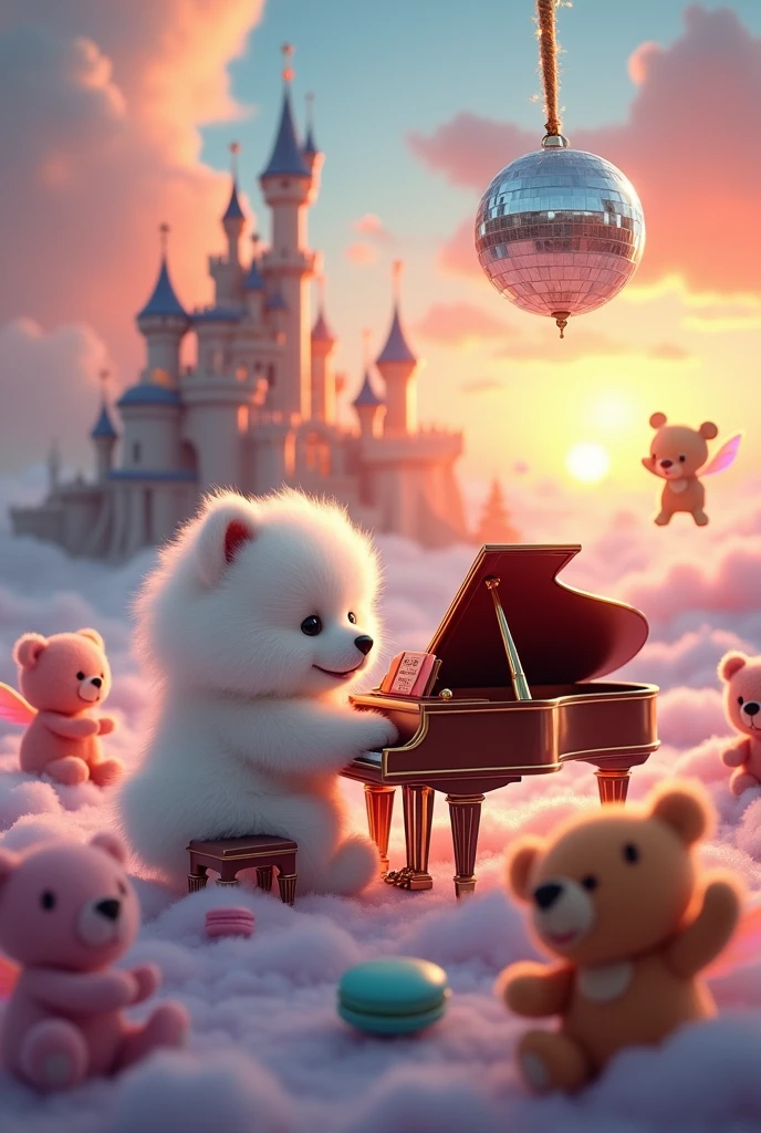Un chien de race splitz nain qui fait du piano sur un nuage devant un chateau avec un coucher de soleil entouré de bisounours et de fée entrain de manger des macarons avec un boule disco