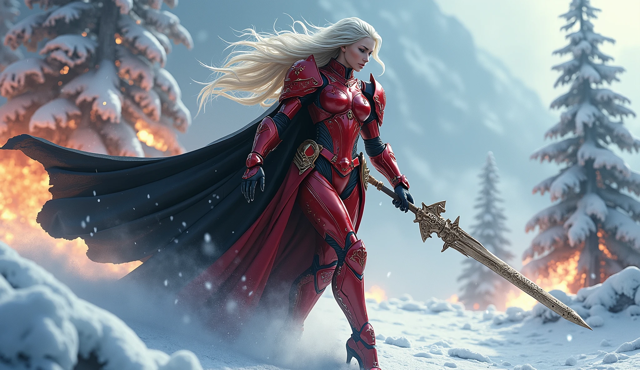 a beautiful woman with long platinum blonde hair, porcelain skin, ice blue eyes, sexy sisters of battle from the warhammer 40k, shooting at the enemy, red space marine armor with intricate details, black long flowing cloak, religous symbols on the armor, sisters of battle, warhammer 40k, Massive silicone breast, pale skin, seductive, temptation, eat your soul, clevage, , standing in a magical winter wonderland with snow-covered trees and frozen lakes, intricate ice crystals and snowflakes surrounding her, (best quality,4k,8k,highres,masterpiece:1.2),ultra-detailed,(realistic,photorealistic,photo-realistic:1.37),fantasy,digital art,cinematic lighting, highly detailed armor, intricate futuristic weaponry, gritty and realistic, mecha, science fiction, hyper-detailed, photorealistic, award winning digital art, 8k, HDR, masters work, in the middle of a battle field, full body combat action pose, explosions and fire around, full war, charging, running forward, attacking, stunning, Stilleto heels, high heels, full body pose, cinematic, dust and debree, combat screams, attacking, shooting at the enemy, sisters of battle, warhammer 40kdramatic color palette,frozen landscape,ice powers,snow queen