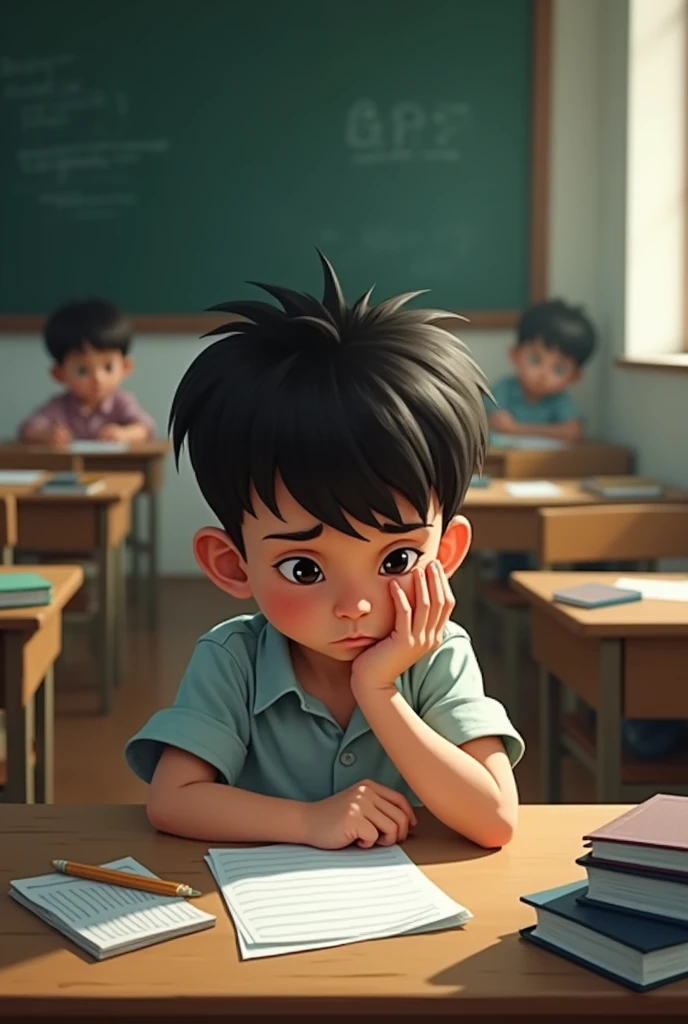 A boy doing boring schoolwork