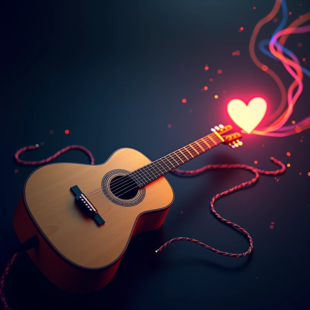 generates an image of a guitar on one side, colorful connected to a cable and this cable connected to a heart.