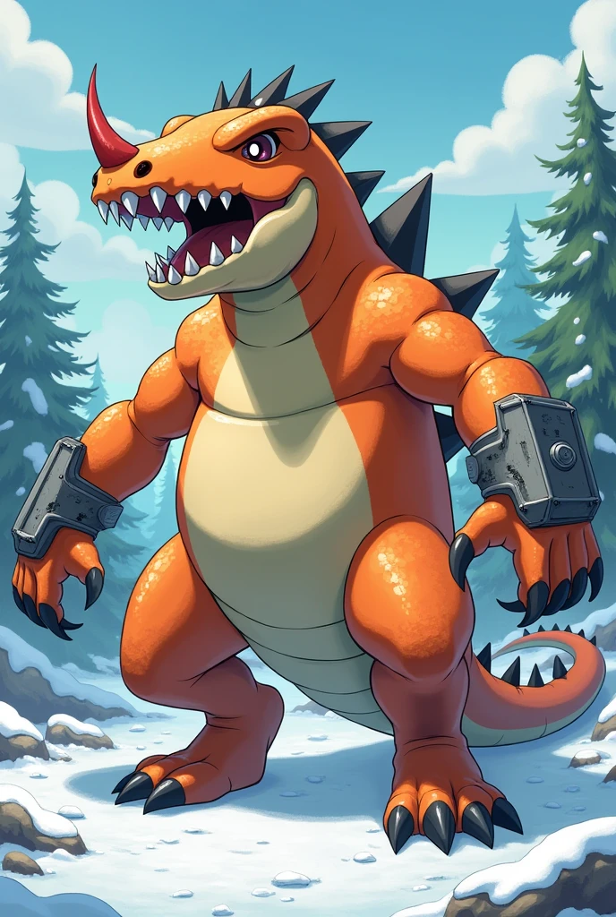 Generates the image that my daughter created: Martillucus is a being that I imagine is a water type., It's big, Orange color with metal. Has some crushed hammers (Hammers and knives appear) on the wrists (apart from his hands). has sharp teeth. It looks like a t-rex but with a smaller head. (snake-like) and a horn on the tip of his nose. It is very big and scary. His heart is very big. It's a cartoon/anime. Live in the snow. It looks like metalgreymon but has a small head