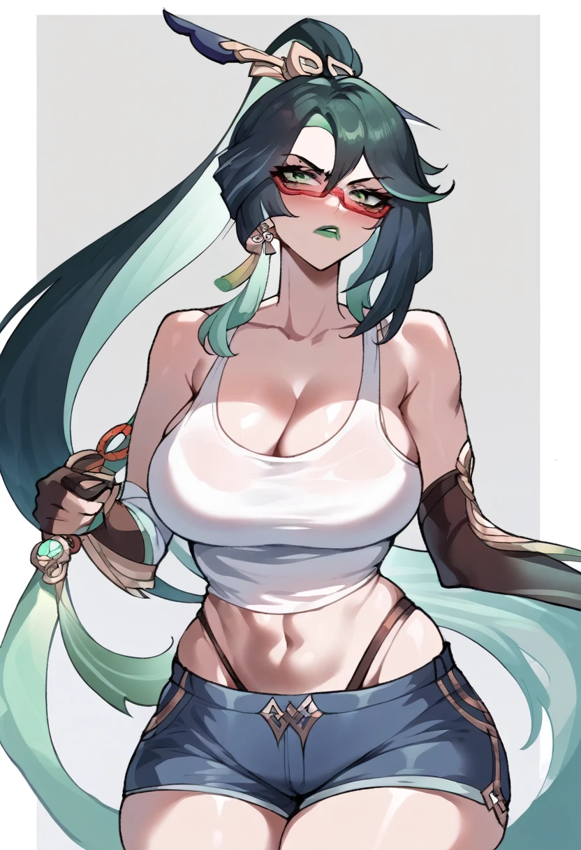 Score_9, score_8_up, score_7_up, cut on cheek, tank top, elbow pad, fingerless gloves, thong straps, leather short shorts, green lipstick, holding spear, long straight black hair, serious expression, green eyes, big breasts, makeup, Nyantcha Style, source_anime, rating_explicit, Xianyun (Genshin Impact), milf, green hair strands, seductive, red glasses, hair in a long ponytail, mature