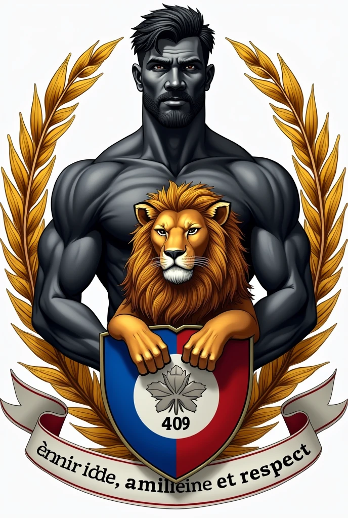 armoirie avec un homme noir qui porte un lion du haut de ses bras. Le blason contient une feuille jaune et les couleurs sont bleu blanc et rouge.
Écrire en bas au centre : "409" et "entraide, amitié et respect." 