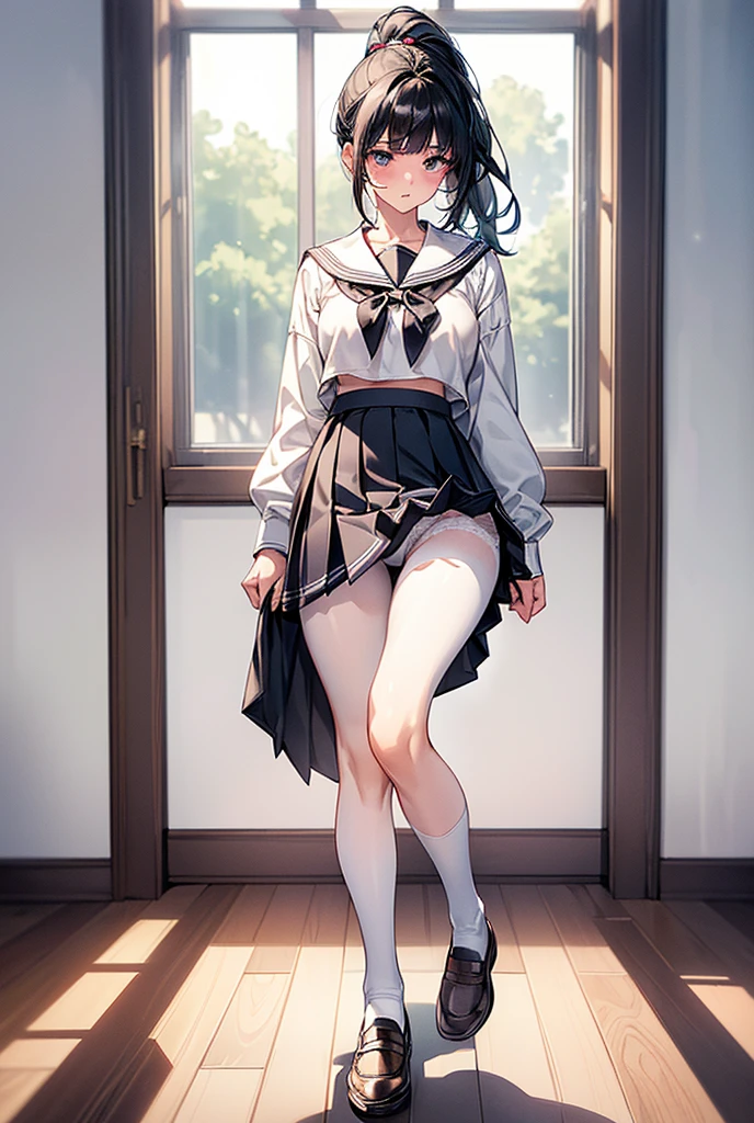 (((masterpiece, Highest quality, High resolution, 超High resolution, Pixel perfect, Written boundary depth, 4K, RTTX10.0))), Cute anime woman, Beautiful art style, Anime characters, ((Smooth texture, Realistic texture, Anime CG style)), Exact finger count、Exact number of legs、(Exact number of arms:1.0, Exact number of hands:1.0), (Perfect hands, Perfect Anatomy), Cinematic, Realistic, Highly detailed CG, Daytime lighting, Perfect lighting, Best Shadow, The best natural light, whole body, Perfectly balanced style, Perfectly balanced body, (Slender body:1.2), whole body, ((bangs, Black Hair, Cute ponytail)), ((A pretty woman is standing with her legs crossed, holding her skirt:1.3)), (Fashionable white shirt, White panties, Small ribbon in the center of the waist of the panties, Panties with lace trim, Sailor collar, Beige pantyhose, White socks,loafers, Navy pleated mini skirt:1.3), (Beautiful big boobs, Beautiful Eyes:1.1), ((Embarrassed expression:1.4), blush, (Sexual pleasure expression, Fun expression:1.4), (look up, mouth half open:1.1), Limits of patience), (In the school classroom:1.3), (Pussy juice:1.4), Angle from the front, remote_Vibrating shortcuts,