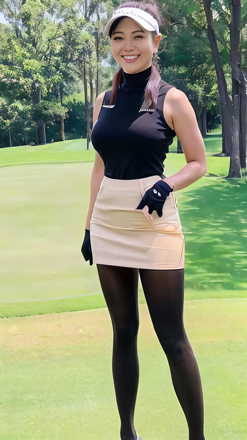 Highest quality、8k、masterpiece、Ultra-high resolution、Clear photos、Professional Lighting、Natural light、Realistic,、Highly detailed skin、Perfect Anatomy、(Beautiful Hands)、(Beautiful fingers)、One Woman、Age 25、Baby Face:1.6、Large Breasts、(Large areola)、Glamour、Bob Hair、Brown Hair、Beautiful Hair、(Squint your eyes and laugh:1.2)、Golf Wear、((Sleeveless knit:1.1))、(High neck)、((Perfect Pantyhose:1.4))、((Black Pantyhose:1.1))、Micro Mini Skirt、On the golf course、Playing golf、(((Full Body Shot:1.3)))