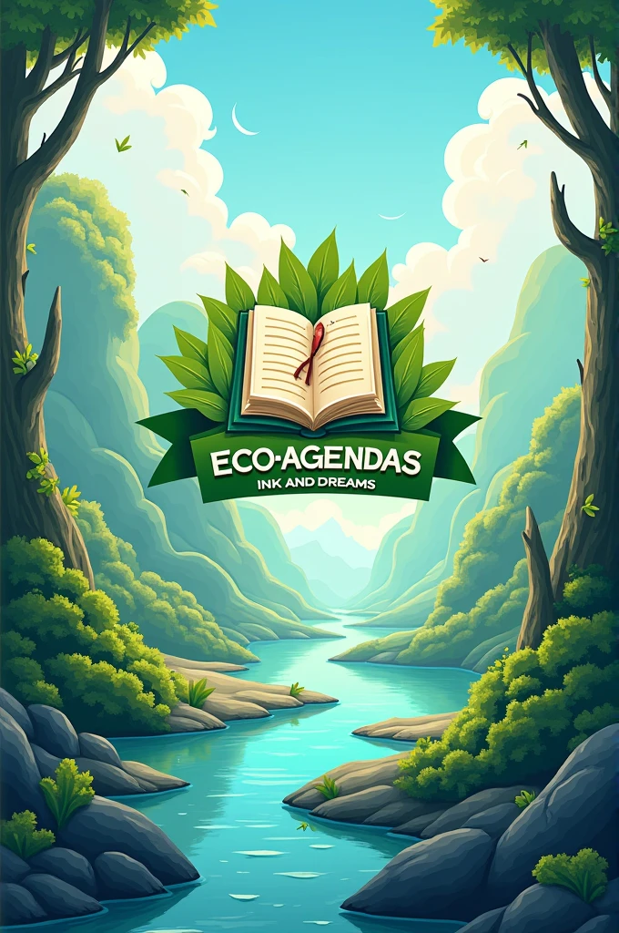 Create an image of a logo with an agenda inside with the name "eco-agendas ink and dreams" with an environmental background