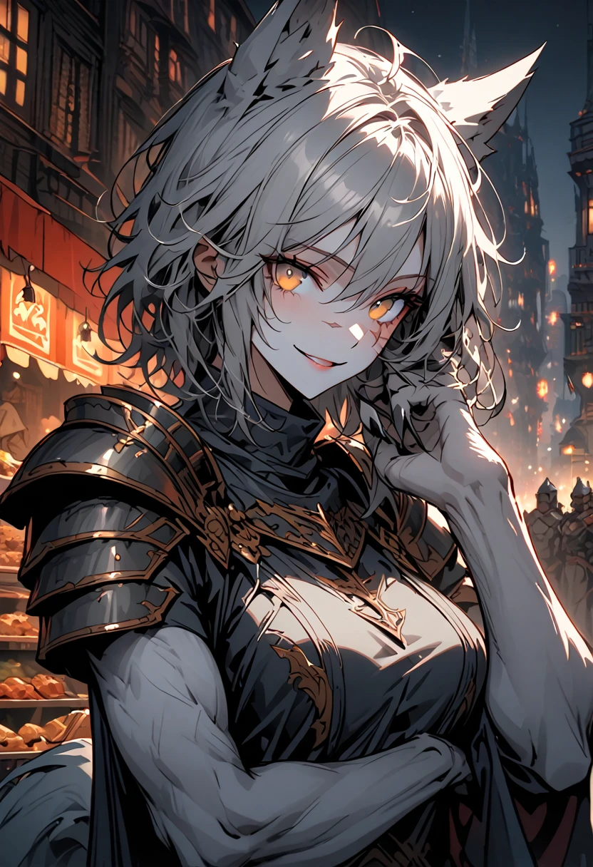 solo, female, wolf girl, close up, grey fur on forearms, skin further up her arms, furry claws, muscular, wolf ears, short hair, messy hair, grey hair, golden eyes, wolf tail, lordly constable, knight, armor, large breasts, white fur collar, relaxed, smiling, after work, food stand, city, night, fantasy, viewer's hand petting her hair, nose scar
