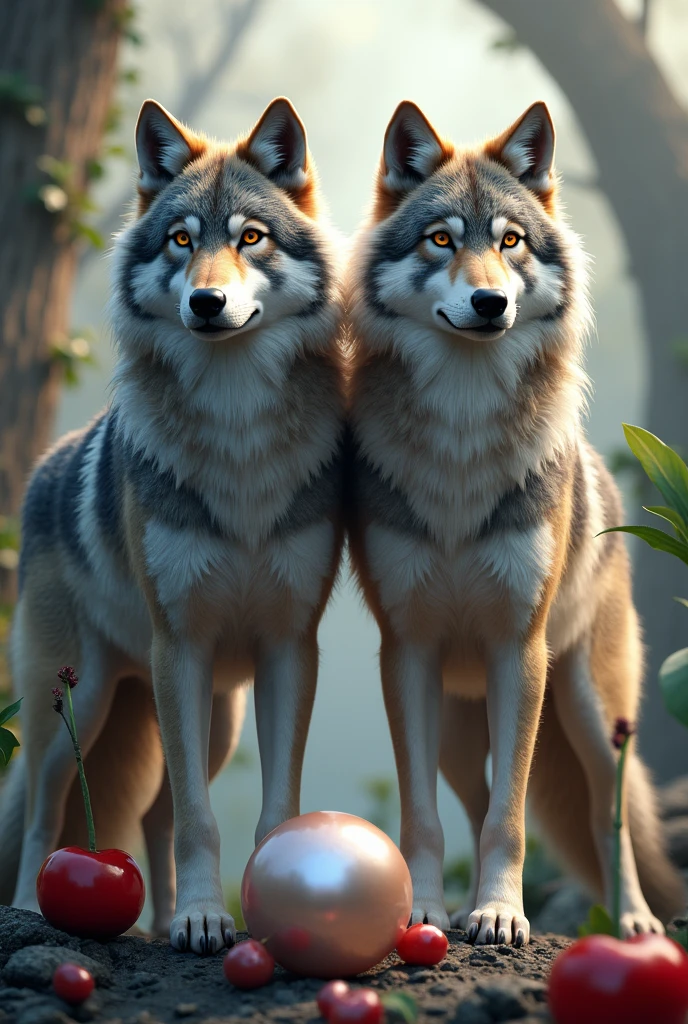 A couple of wolves, with a pair of rings. Near a pearl and with a cherry