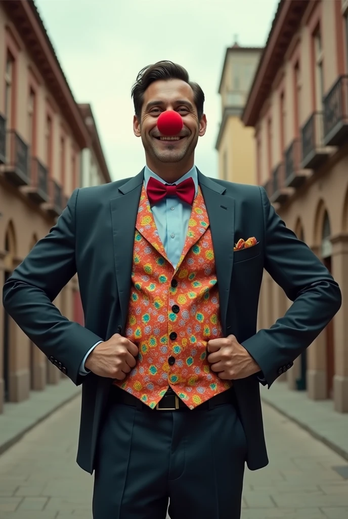 A person standing in a suoerman position with a suit and opening his shirt under a colorful polo shirt when he takes off the suit but with a clown nose, Superman style, happy in realism that is in an American flat-screen type of movie with a Cajamarca Peru background