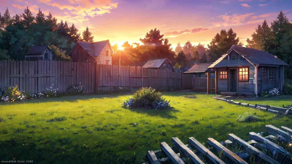 morning in the village, frost on the grass, a decrepit fence made of small slats, an old small house with a chimney, a very beautiful sunrise, professional photo, beautiful, realistic, 8k, high detail, high resolution