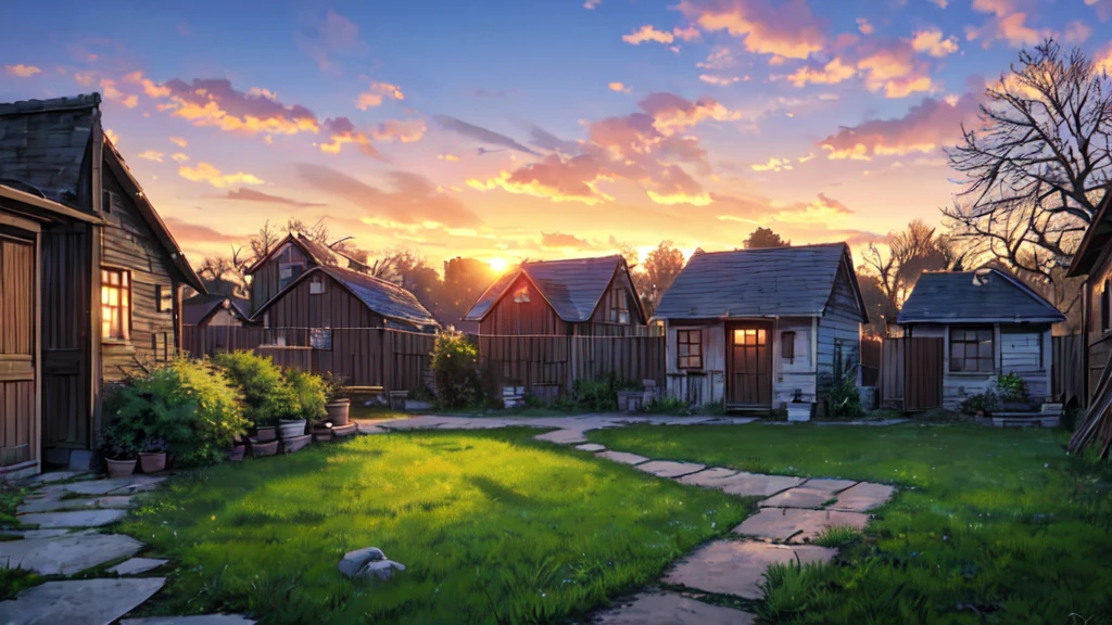 morning in the village, frost on the grass, a decrepit fence made of small slats, an old small house with a chimney, a very beautiful sunrise, professional photo, beautiful, realistic, 8k, high detail, high resolution