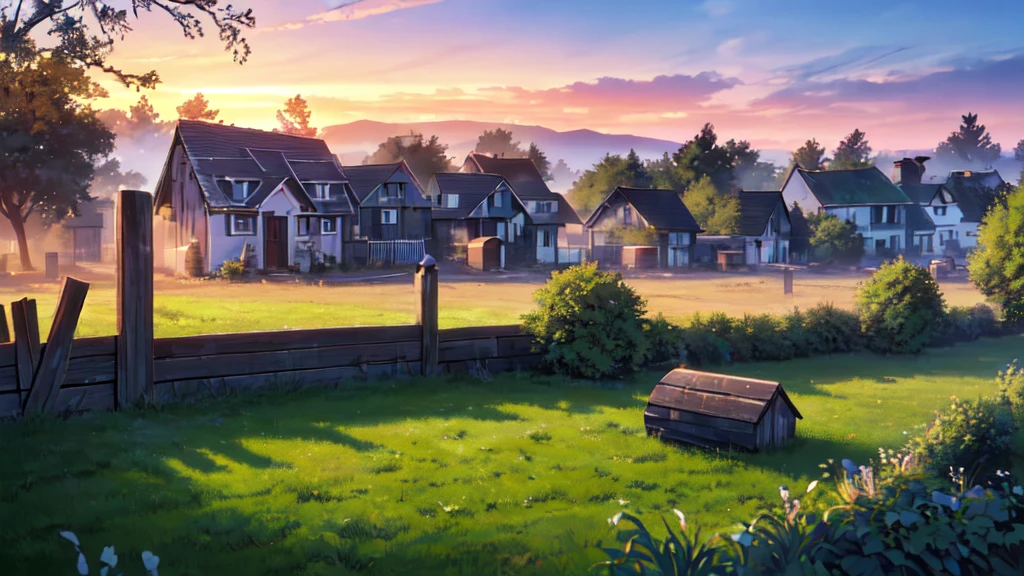 morning in the village, frost on the grass, a decrepit fence made of small slats, an old small house with a chimney, a very beautiful sunrise, professional photo, beautiful, realistic, 8k, high detail, high resolution