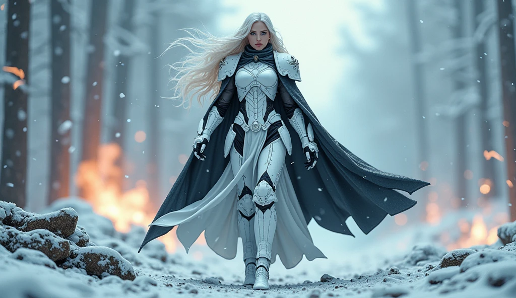 a beautiful woman with long platinum blonde hair, porcelain skin, ice blue eyes, sexy sisters of battle from the warhammer 40k, shooting at the enemy, white space marine armor with intricate details, black long flowing cloak, religous symbols on the armor, sisters of battle, warhammer 40k, Massive silicone breast, pale skin, seductive, temptation, eat your soul, clevage, , standing in a magical winter wonderland with snow-covered trees and frozen lakes, intricate ice crystals and snowflakes surrounding her, (best quality,4k,8k,highres,masterpiece:1.2),ultra-detailed,(realistic,photorealistic,photo-realistic:1.37),fantasy,digital art,cinematic lighting, highly detailed armor, intricate futuristic weaponry, gritty and realistic, mecha, science fiction, hyper-detailed, photorealistic, award winning digital art, 8k, HDR, masters work, in the middle of a battle field, full body combat action pose, explosions and fire around, full war, charging, running forward, attacking, stunning, Stilleto heels, high heels, full body pose, cinematic, dust and debree, combat screams, attacking, shooting at the enemy, sisters of battle, warhammer 40kdramatic color palette,frozen landscape,ice powers,snow queen