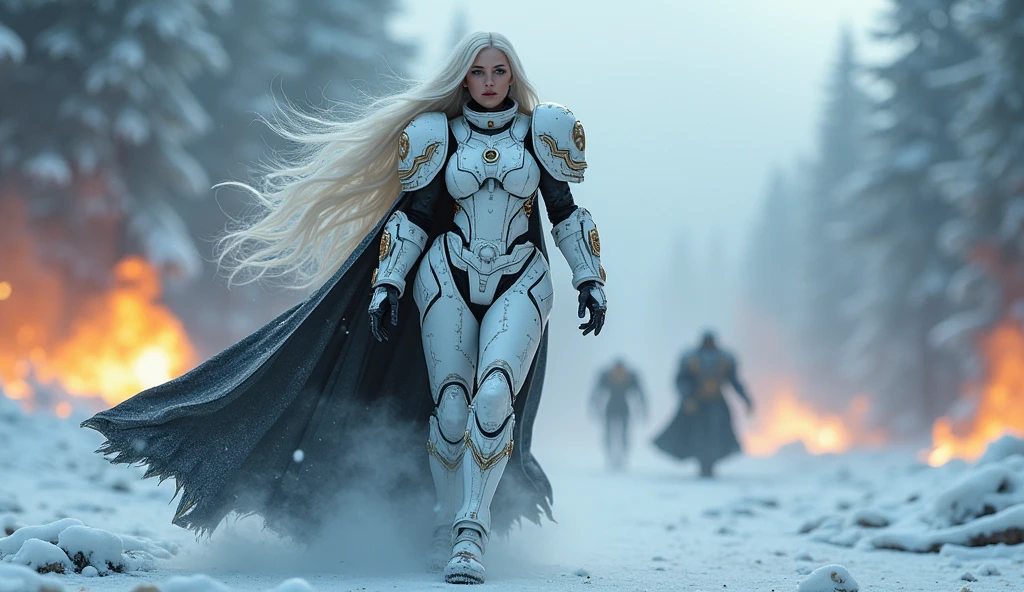 a beautiful woman with long platinum blonde hair, porcelain skin, ice blue eyes, sexy sisters of battle from the warhammer 40k, shooting at the enemy, white space marine armor with intricate details, black long flowing cloak, religous symbols on the armor, sisters of battle, warhammer 40k, Massive silicone breast, pale skin, seductive, temptation, eat your soul, clevage, , standing in a magical winter wonderland with snow-covered trees and frozen lakes, intricate ice crystals and snowflakes surrounding her, (best quality,4k,8k,highres,masterpiece:1.2),ultra-detailed,(realistic,photorealistic,photo-realistic:1.37),fantasy,digital art,cinematic lighting, highly detailed armor, intricate futuristic weaponry, gritty and realistic, mecha, science fiction, hyper-detailed, photorealistic, award winning digital art, 8k, HDR, masters work, in the middle of a battle field, full body combat action pose, explosions and fire around, full war, charging, running forward, attacking, stunning, Stilleto heels, high heels, full body pose, cinematic, dust and debree, combat screams, attacking, shooting at the enemy, sisters of battle, warhammer 40kdramatic color palette,frozen landscape,ice powers,snow queen