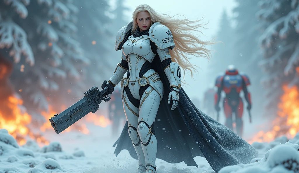 a beautiful woman with long platinum blonde hair, porcelain skin, ice blue eyes, sexy sisters of battle from the warhammer 40k, shooting at the enemy, white space marine armor with intricate details, black long flowing cloak, religous symbols on the armor, sisters of battle, warhammer 40k, Massive silicone breast, pale skin, seductive, temptation, eat your soul, clevage, , standing in a magical winter wonderland with snow-covered trees and frozen lakes, intricate ice crystals and snowflakes surrounding her, (best quality,4k,8k,highres,masterpiece:1.2),ultra-detailed,(realistic,photorealistic,photo-realistic:1.37),fantasy,digital art,cinematic lighting, highly detailed armor, intricate futuristic weaponry, gritty and realistic, mecha, science fiction, hyper-detailed, photorealistic, award winning digital art, 8k, HDR, masters work, in the middle of a battle field, full body combat action pose, explosions and fire around, full war, charging, running forward, attacking, stunning, Stilleto heels, high heels, full body pose, cinematic, dust and debree, combat screams, attacking, shooting at the enemy, sisters of battle, warhammer 40kdramatic color palette,frozen landscape,ice powers,snow queen