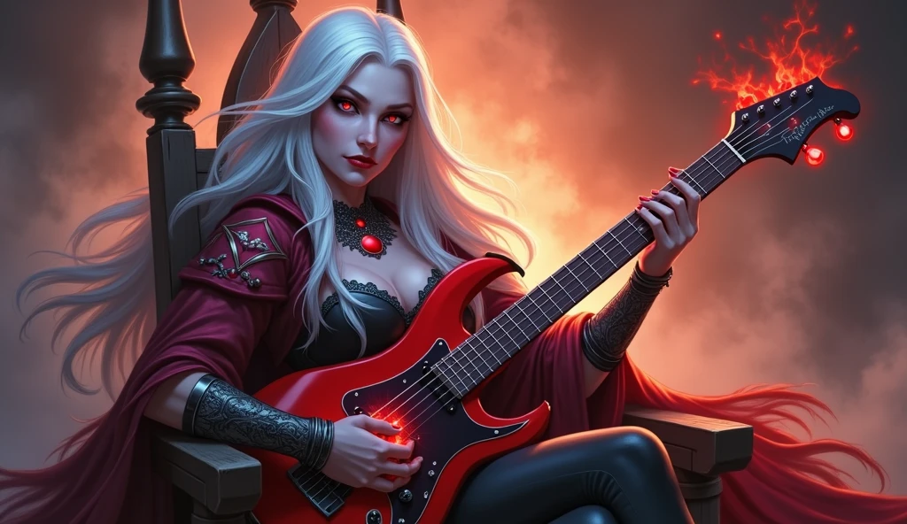 Sylvanas Windrunner, the legendary leader of the Forsaken, sits on a dark wooden throne, surrounded by an aura of mystery and magic. In her hands, she holds a vibrant red guitar, its strings seemingly pulsing with unearthly energy. Her eyes, burning with an otherworldly intensity, stare directly at the viewer, as if daring them to come closer. Her long, white hair falls over her shoulders, framing her pale, ethereal face. Her lips, painted a deep red, curve in an enigmatic smile, as if guarding secrets known only to her. The guitar, which appears to have been created by magical hands, emits an intense red light that illuminates the environment around it. The strings vibrate with an energy that seems almost palpable, as if they are alive and responding to Sylvanas’ touch. In the background, a dark and mysterious mist spreads, as if the night itself is closing in around Sylvanas. The atmosphere is charged with tension and anticipation, as if something is about to happen.
The image is a mix of shadows and light, of mystery and magic, capturing the essence of Sylvanas Windrunner as an enigmatic and powerful creature.