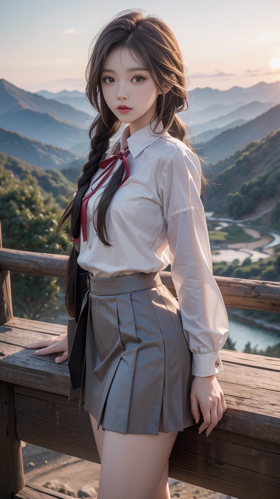 ulzzang-6500-v1.1, (RAW photo: 1.2), (Real photo), (Real photo: 1.4), 1 girl、Perfect anatomy、1、Looking at the camera、Medium length hair、side braids, Uniform sexy skirt, watching the sunset, ((in the mountains: 1.1))、(Business service)、Asian eyes Ella,