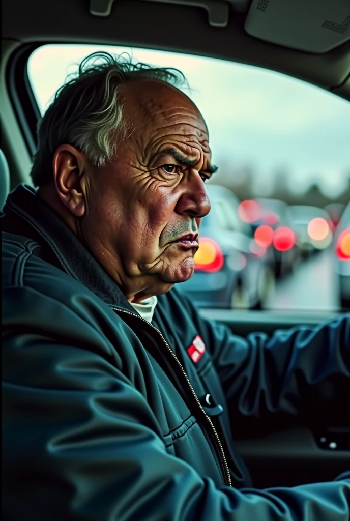 realistic photo 
Minnesota Governor Tim Walz in car driving
man is stuck in traffic 
man is sweating profusely 
man looks in pain