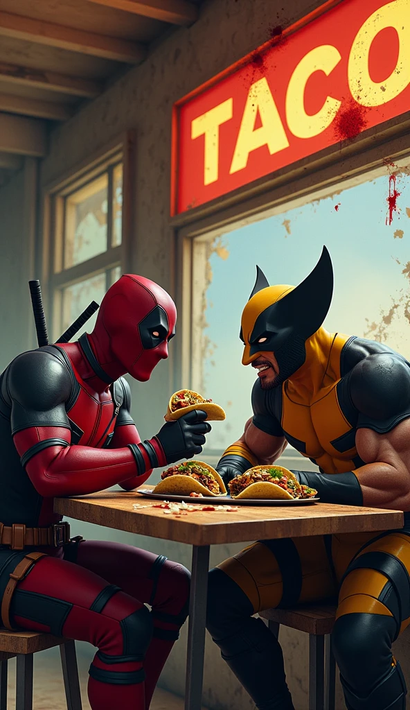 masterpiece, Highest quality, The best vantage point, Super detailed and intricate, Very delicate and beautiful, Highest quality light, (Ray Tracing:1.1),Deadpool and Wolverine、Eating tacos at a taco shop、The background is a broken store、Bloody