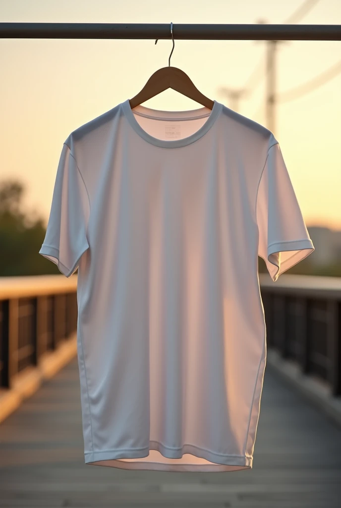Design a vintage-style image featuring an oversized white cotton t-shirt (220 grams, fine fabric) hanging on a wooden hanger. The t-shirt is completely white, free of logos or designs, with visible shadows and folds that highlight the quality and exclusivity of the fabric. The background shows a deserted pedestrian bridge in a high-end urban setting during the golden hour, with a faded, retro aesthetic. The sky should have a warm, nostalgic gradient, contrasting with the stark white of the t-shirt, symbolizing ambition and elegance. The overall vibe should be a blend of streetwear, vintage elements, and a sense of exclusivity, with the t-shirt’s lighting being bright, creating soft shadows that enhance the texture and drape of the fabric, emphasizing its superior quality