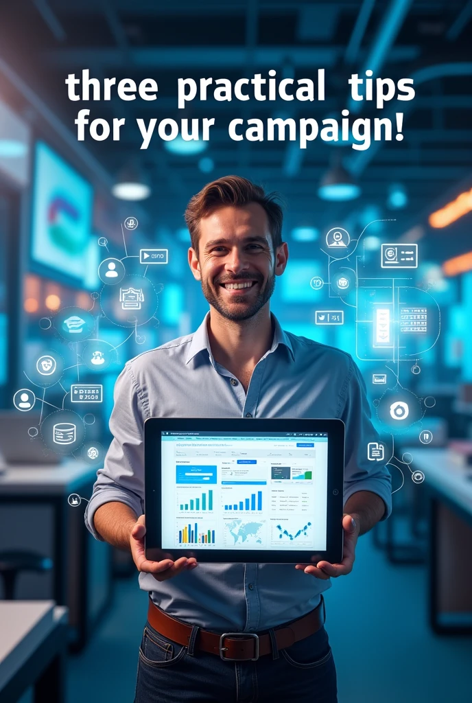 A vibrant image with a person holding a tablet with the Campanha Fácil interface, surrounded by analysis icons, social networks and calendar. Text on Image: &#39;Three Practical Tips for your Campaign!'