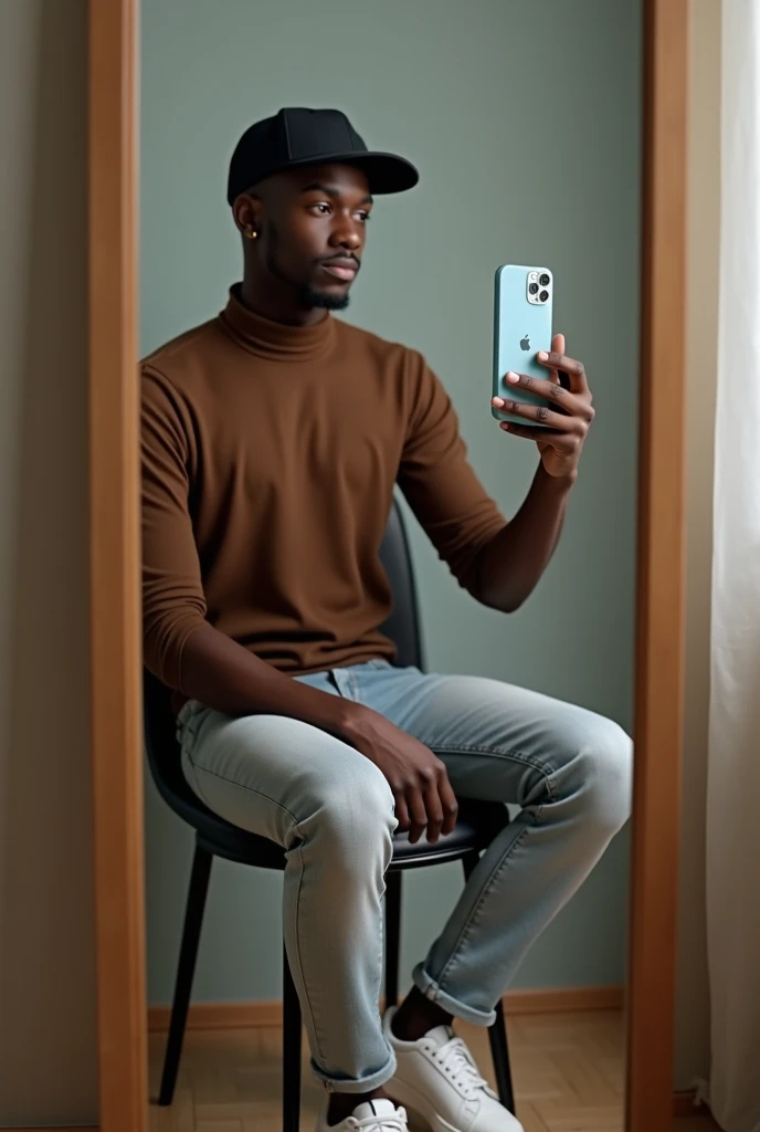 best qualityer:1.4), (ultra high resolution:1.2), (photorrealistic:1.4), (8k, CRU photo:1.0), a thin young man of 20 years old, skin black, with a smooth, beardless face, corte de cabelo buzzcut, He's wearing a black cap. He is wearing a brown turtleneck shirt.. is wearing light jeans. Basic white sneakers. He is sitting on the chair in front of the mirror. He's taking a picture. thin build. iPhone 15 pro cell phone with baby blue case. The iPhone apple is visible