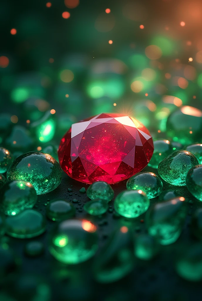 Create an image from precious emeralds, in the center there is one red ruby, inside which sparks of fire dance