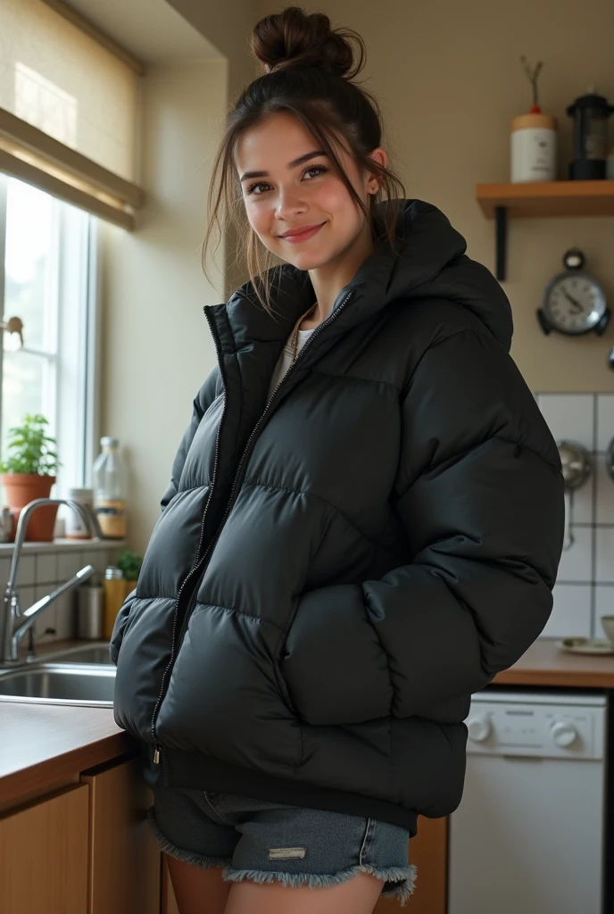 A Sweaty 21yo, WHITE CAUCASIAN WOMAN SMILING, WEARING COLLEGE UNIFORM, BLACK PUFFER JACKET, BLACK SHINY TRAINERS, MODELLING, IN KITCHEN, photorealistic, full shot, intricate, very coherent, futuristic, summer, ,