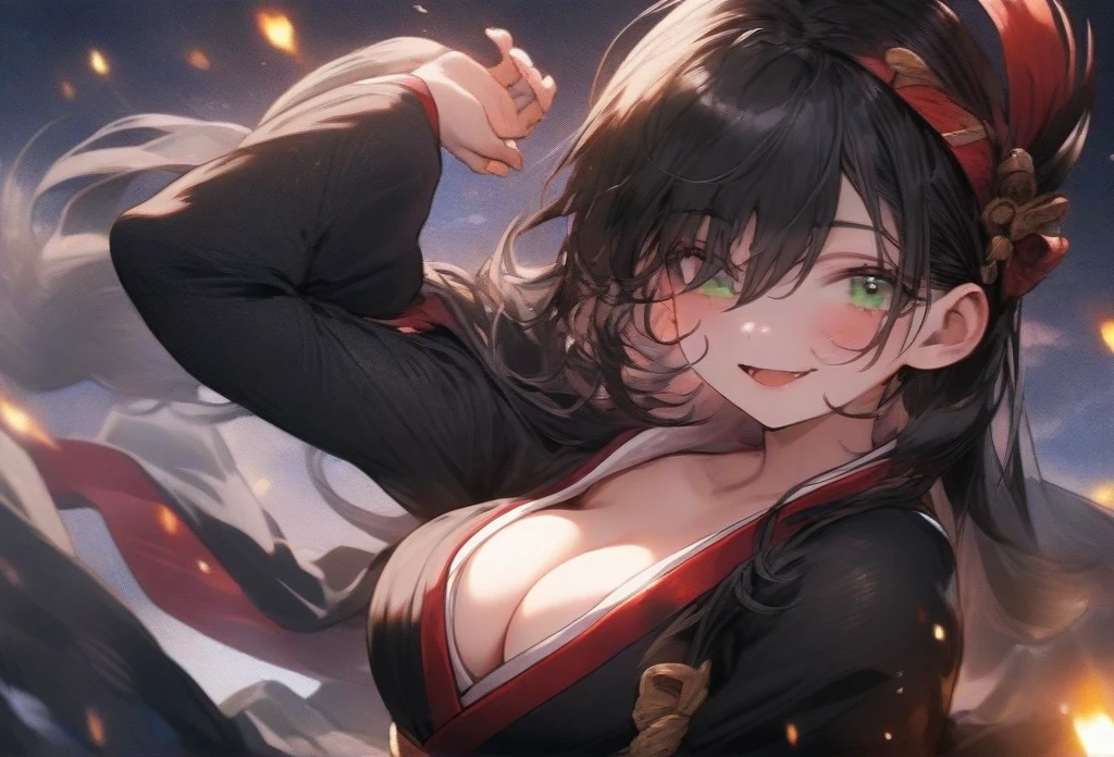 ((masterpiece)), ((best quality)), (ultra-detailed), illustration, a cute girl, {{1girl}}, {{solo}}, ((beautiful eyes)), ((silk:1.3)),corruption,  masterpiece,(best quality:1.2), black hair,impossible breasts,shiny-glistening skin, gleaming skin,satoukuuki, solo, cleavage, ,satoukuuki,Erika /(pokemon/), green eyes, short black hair, kimono, hakama, red hairband,