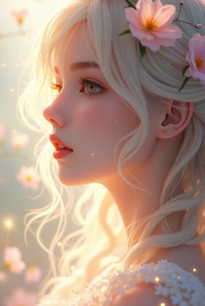Close-up of a woman with flowers in her hair, Heavenly Beauty, Gwaiz, ethereal anime, beautiful anime portrait, anime. Soft lighting, Glowing white face, profile of anime girl, 柔らかくFantastic照明, Mysterious glow, dream-like、Fantastic, 幻想的でdream-like, Light effects. feminine, White glowing sunbeams, Sparkling aesthetics, incredibly fantastical