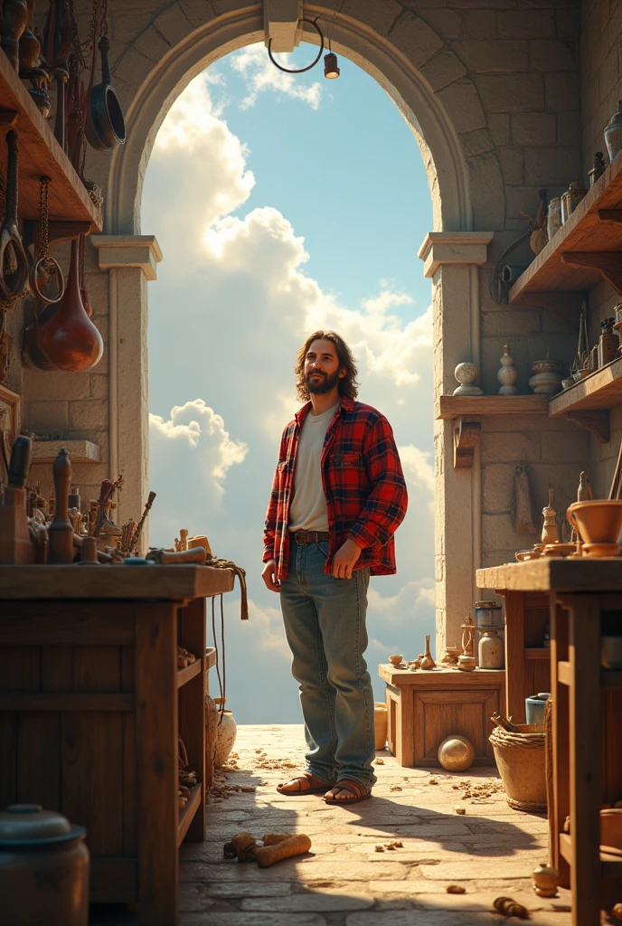 jesus, heavenly workshop scene, plaid-shirt, friendly grin, jeans, alone