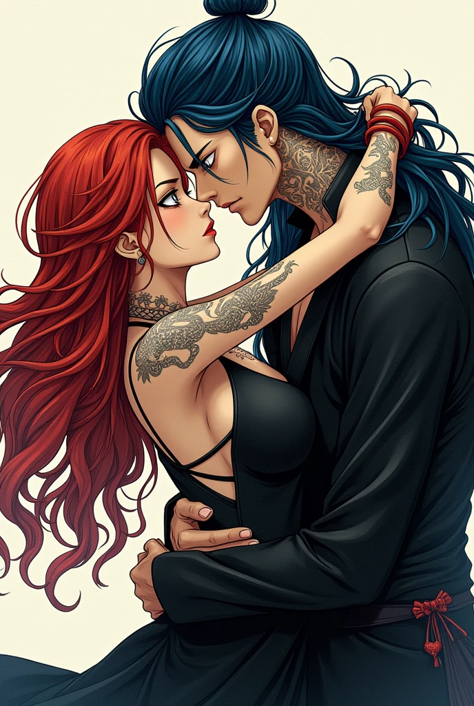 A man, with the drawing style of ONE PIECE, that has long dark blue hair, elegant hairstyle, black chinese culture clothing style and gray eyes. And with a tattoo of a snake on the neck. And a woman with long red hair,white eyes. hugging 