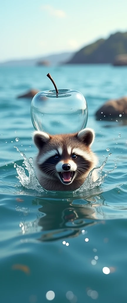 A photo of a cute, extra fluffy baby raccoon growling. In the background, there's a transparent glass apple floating on the gentle waves of a beautiful blue ocean. Water splashes up, and droplets run down the glass. The scene is serene, with a few rocks in the water and a distant shoreline.