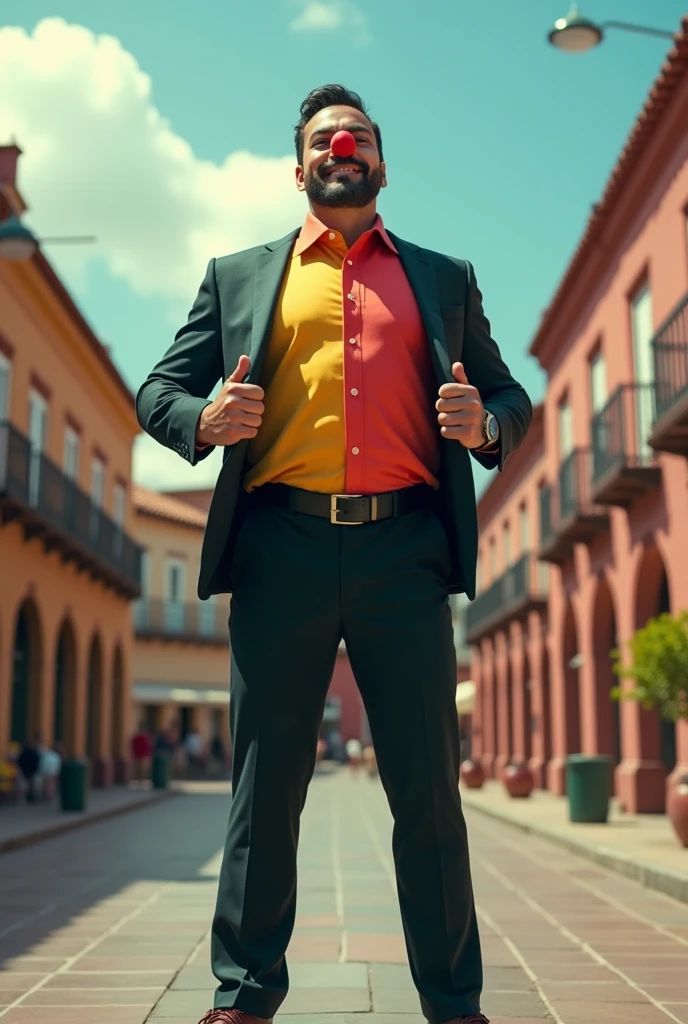 A person standing in a suoerman position in a suit and opening his shirt under a colorful polo shirt when he takes off the suit but with a clown nose Superman style happy in realism that is in an American style film style with the Plaza de Armas in Cajamarca, Peru in the background