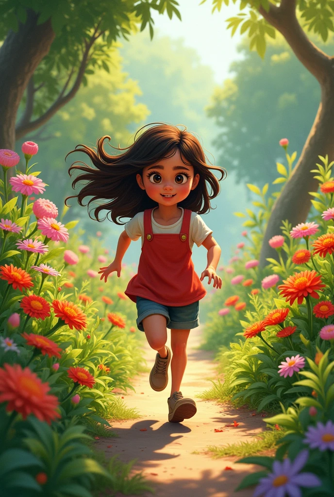 the same previous photo but in:
Determined to explore, Lía with her chocolate-colored hair ran to her grandfather Mateo's garden. He always told her stories about how spring brought life to the earth and how each flower had a story to tell.. Lía loved listening to her grandfather.,