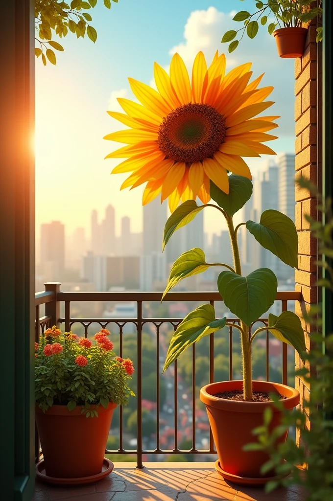 A sunflower on a balcony