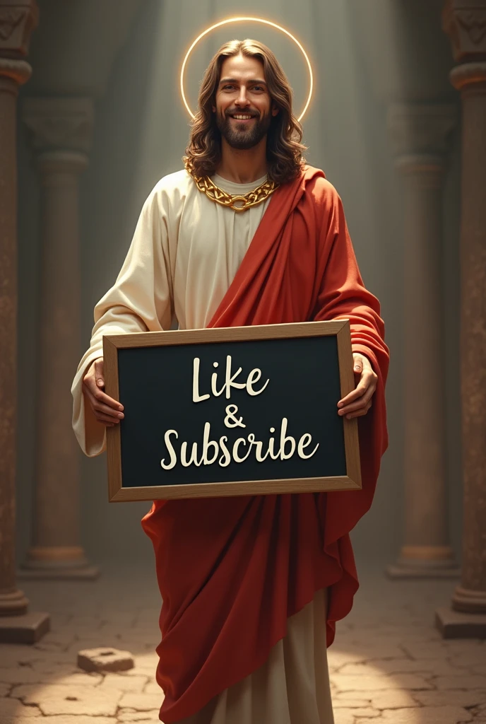 jesus crist standing holding a board. In order to write. like subscribe on front camera angle.jesus is smiling 