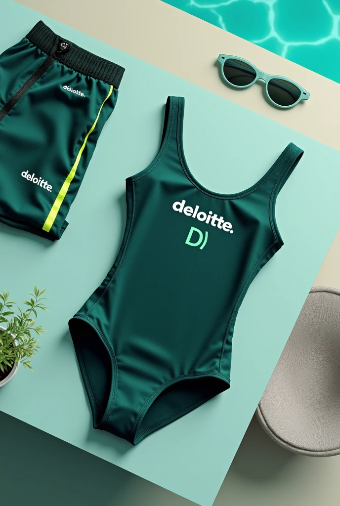 Generate A Picture Of a full swimming kit on a table With "deloitte " on the swimsuit,  i want the full-stop after "deloitte" on the swimsuit to have a green color very essential