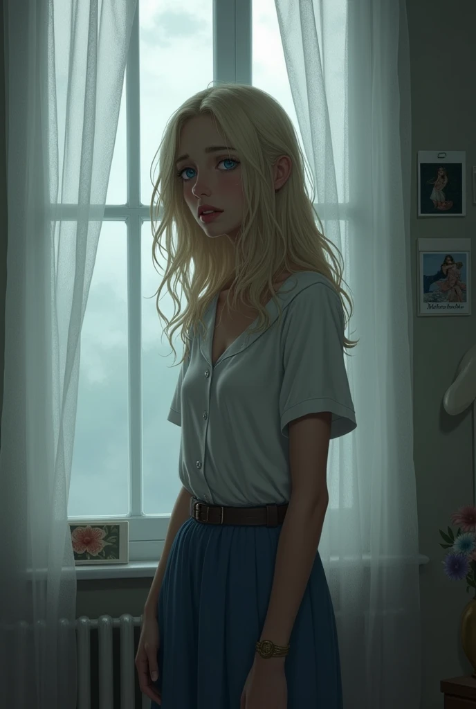 Imagine a woman with loose blonde hair, falling in gentle waves over the shoulders. She's standing near a window, that gives a cloudy or rainy view. Your blue eyes are distant, with a melancholy look, como se estivesse perdida em pensamentos. The ambient light is soft, perhaps filtered by thin curtains that let the light in diffusely, accentuating the feeling of introspection and sadness. The room in the background is simple, perhaps with some photos or personal objects that show a little of your life, but which now seem almost irrelevant to her emotional state.