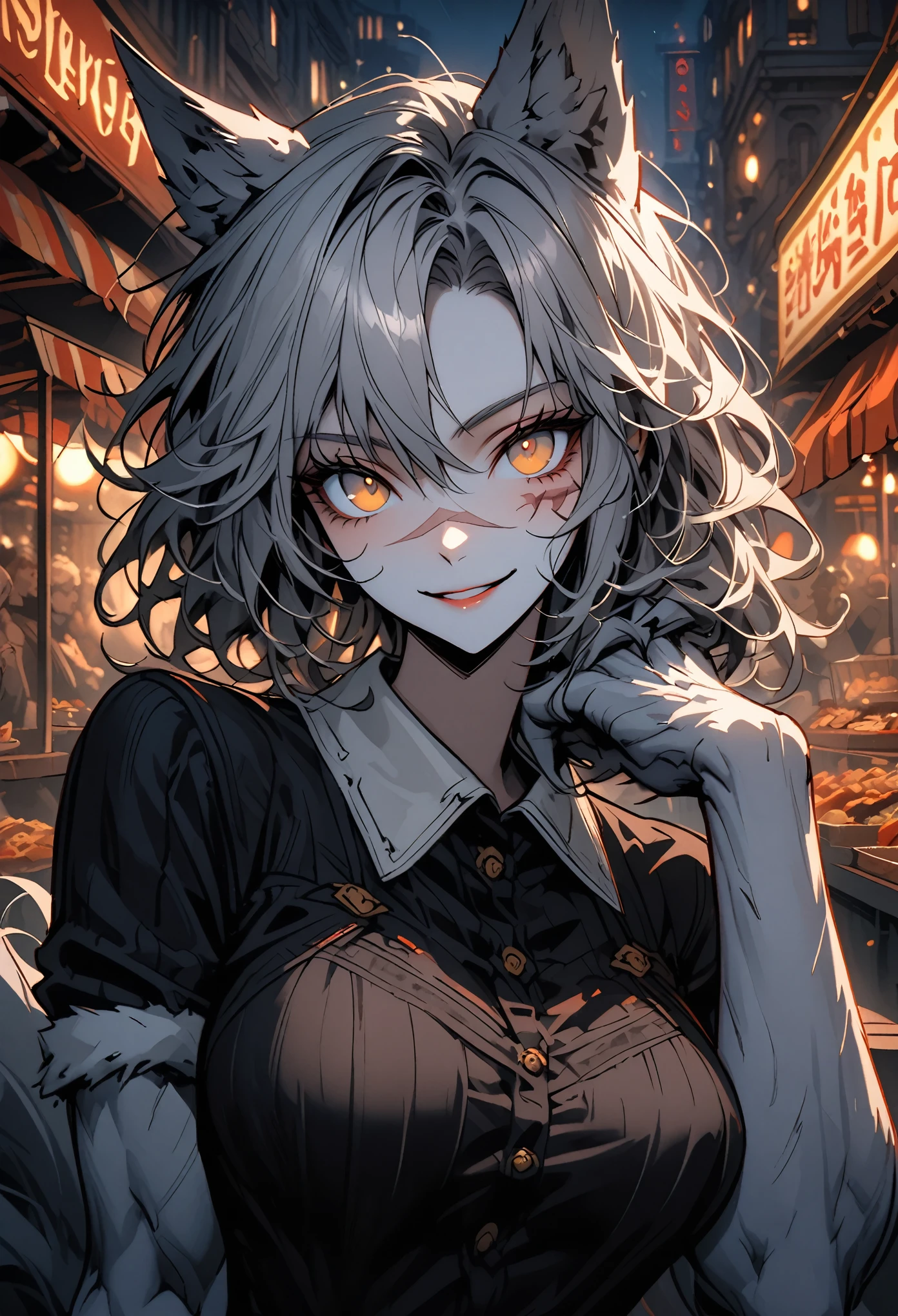 solo, female, wolf girl, close up, grey fur on forearms, furry claws, muscular, wolf ears, short hair, messy hair, grey hair, golden eyes, wolf tail, lordly constable, knight, large breasts, white fur collar, relaxed, smiling, after work, food stand, city, night, fantasy, viewer's hand petting her hair, nose scar