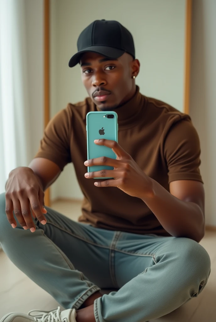 best qualityer:1.4), (ultra high resolution:1.2), (photorrealistic:1.4), (8k, CRU photo:1.2), a thin young man of 20 years old, skin black, with a smooth, beardless face, corte de cabelo buzzcut, He's wearing a black cap. He is wearing a brown turtleneck shirt.. is wearing light jeans. Basic white sneakers. He is sitting on the chair in front of the mirror. He's taking a picture. thin build. iPhone 15 pro cell phone with baby blue case. The iPhone apple is visible