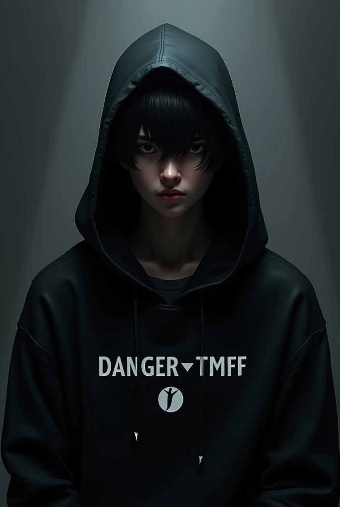 gamer with a black hoodie and has black hair and underneath has the name ༒DANGER†™FF༒