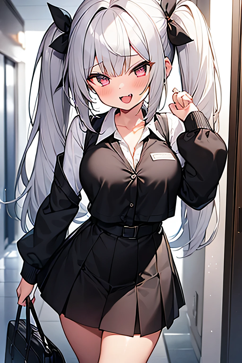 1girl, white and black school uniform, shirt partially unbuttoned, silver Hair, Twintails, Breasts, Fang Out, Excited, Masterpiece, HD, crimson eyes,(school hallway night),Best quality Fang, Evil, Tongue Out, 