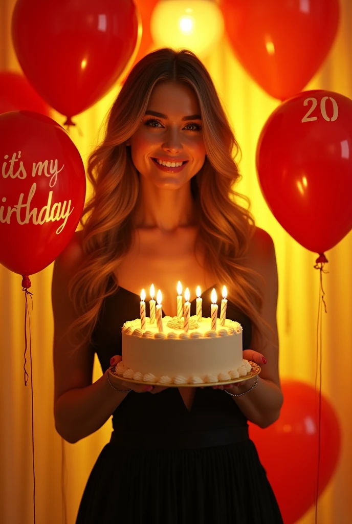 Beautiful girl with wavy long hair, Waring a black full frock holding a cake with 20 number candles  and another and with balloon write " its my birthday "his background some red balloons and and his standing in warm yellow light room